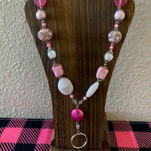 “All About the Pink” Handmade Beaded Lanyard ID Badge Holder